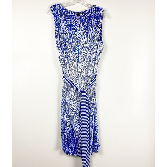 MNG by Mango Paisley Sheath Dress Blue White Knee Length With Sash Womens Size M - Picture 3 of 13